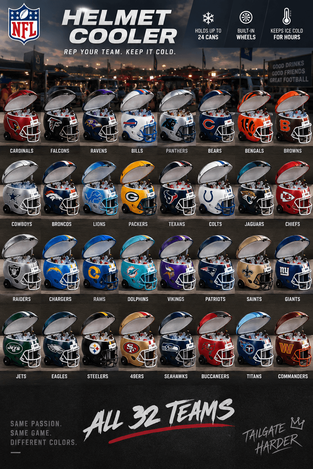 Helmet cooler chart with all 32 team designs