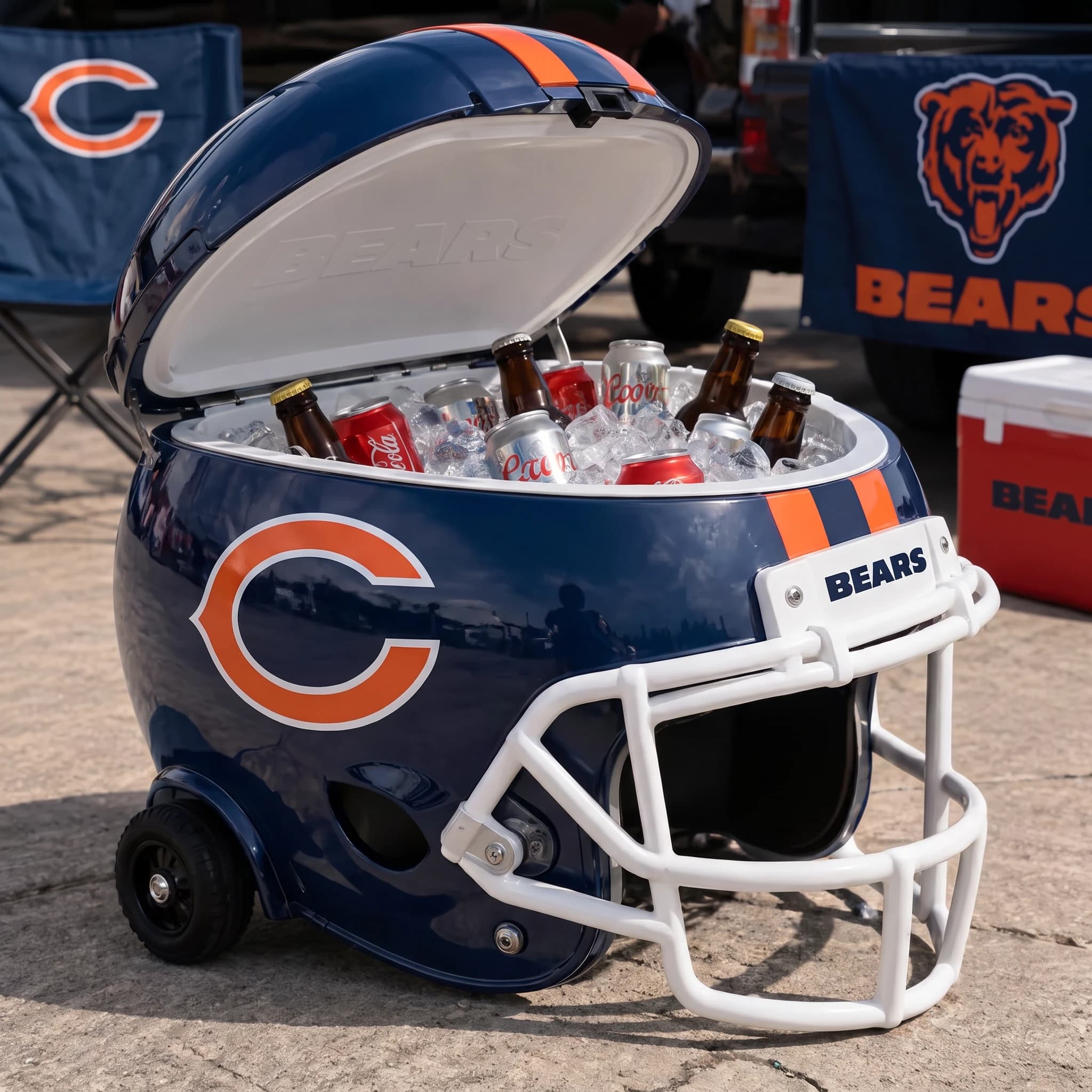Chicago Bears helmet cooler — digitally visualized team colors on the original cooler reference.