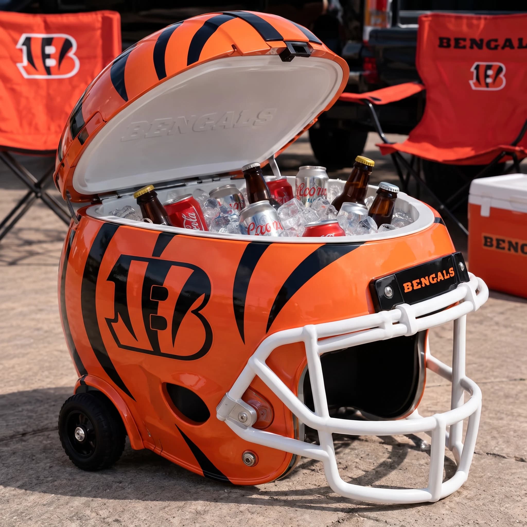 Cincinnati Bengals helmet cooler — digitally visualized team colors on the original cooler reference.