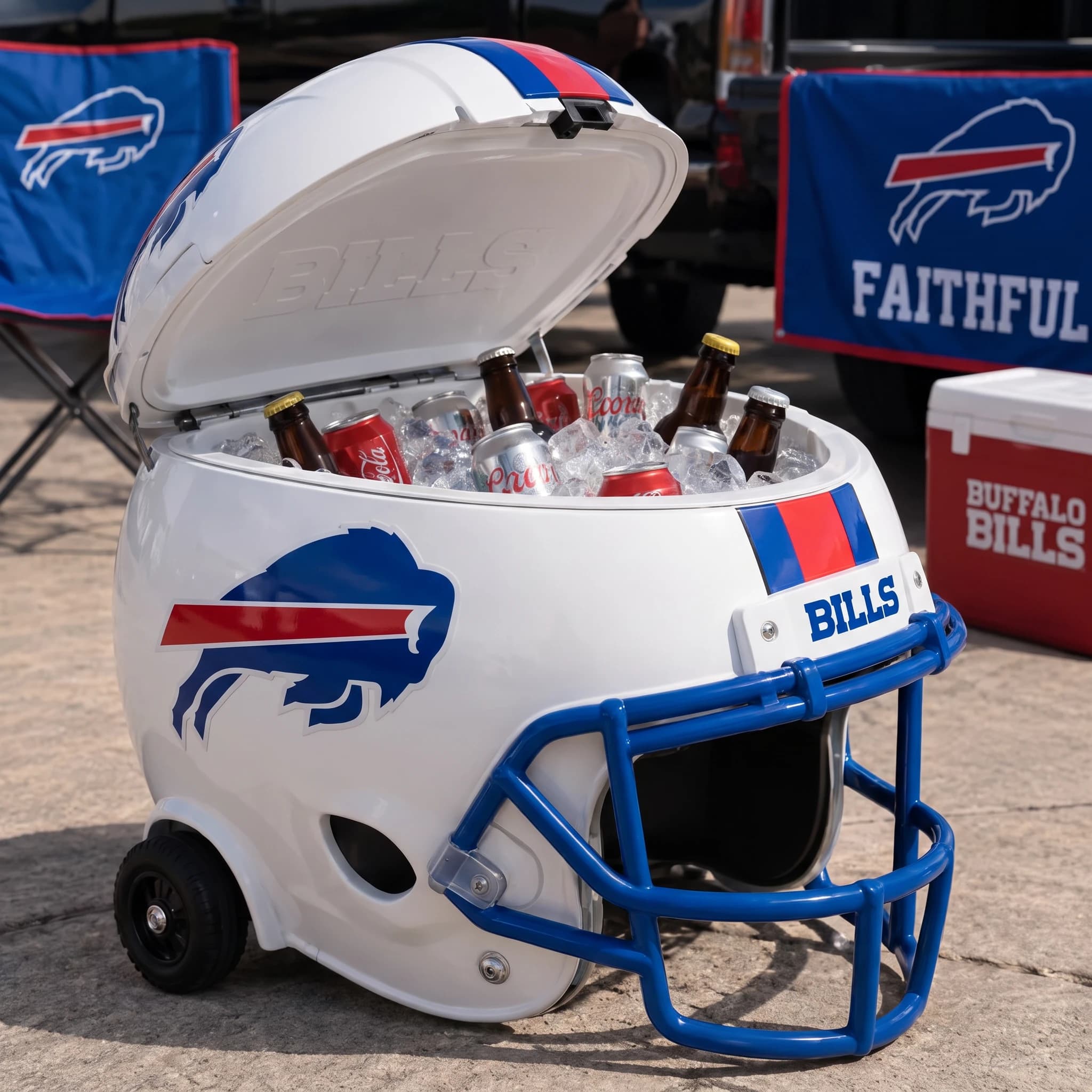 Buffalo Bills helmet cooler — digitally visualized team colors on the original cooler reference.