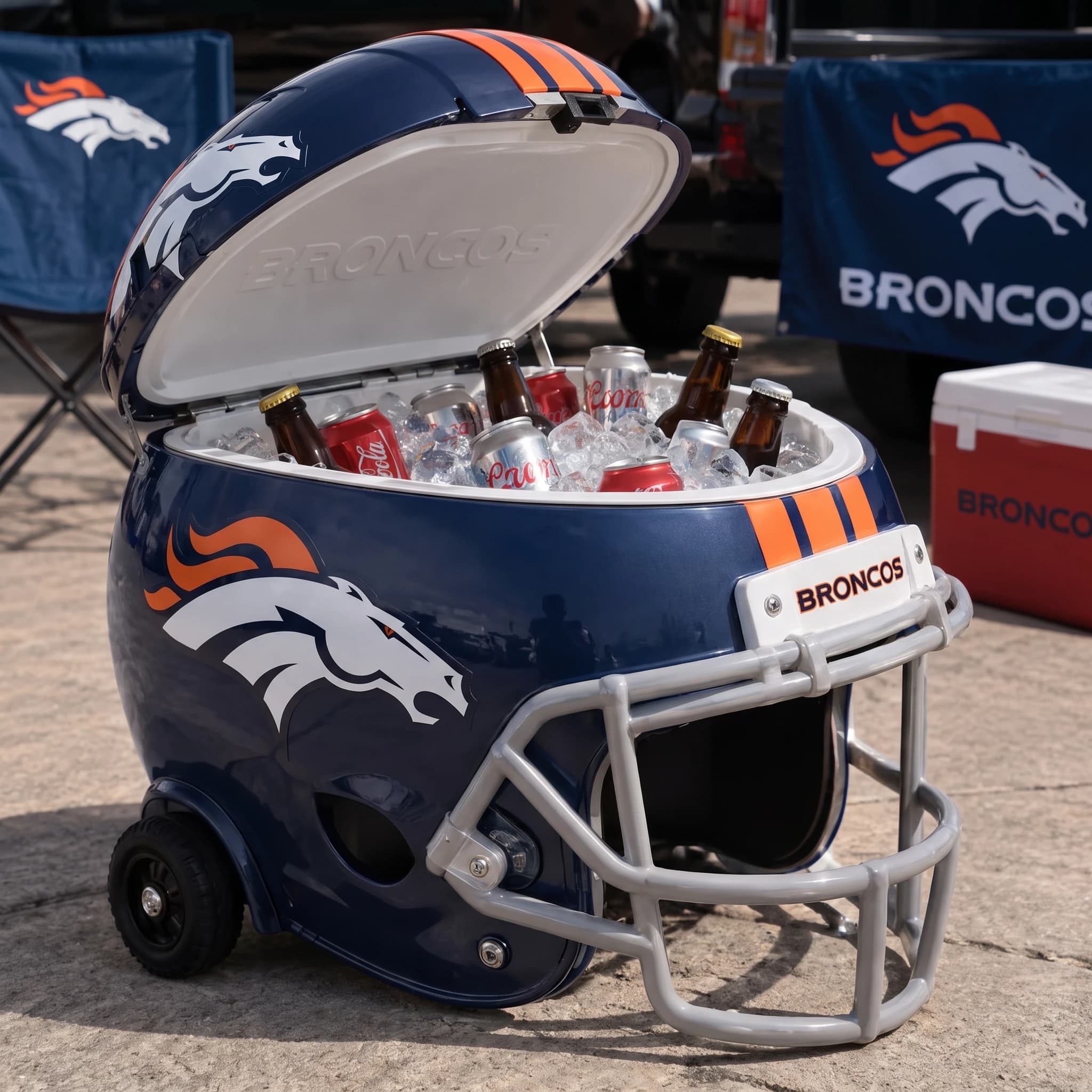 Denver Broncos helmet cooler — digitally visualized team colors on the original cooler reference.