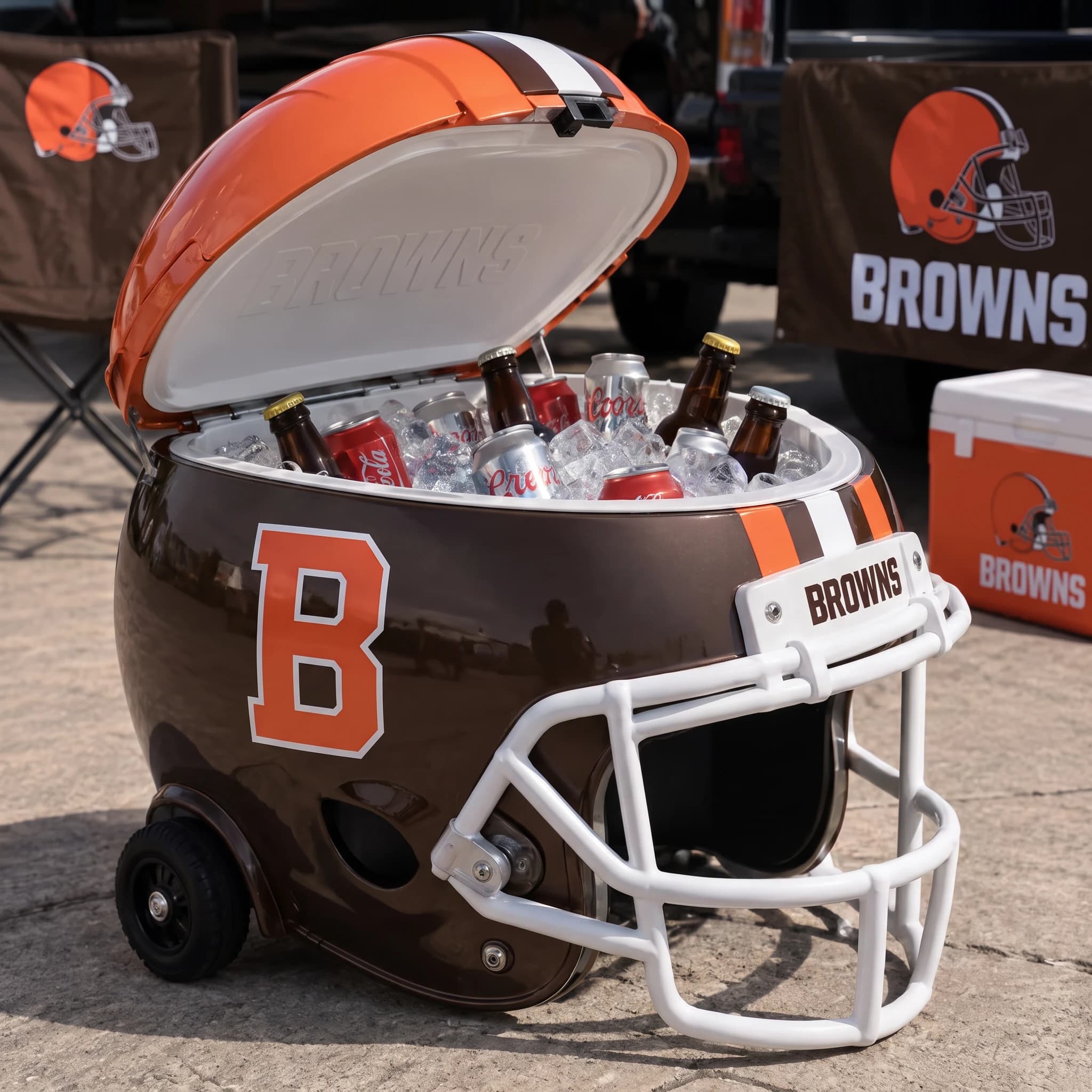 Cleveland Browns helmet cooler — digitally visualized team colors on the original cooler reference.