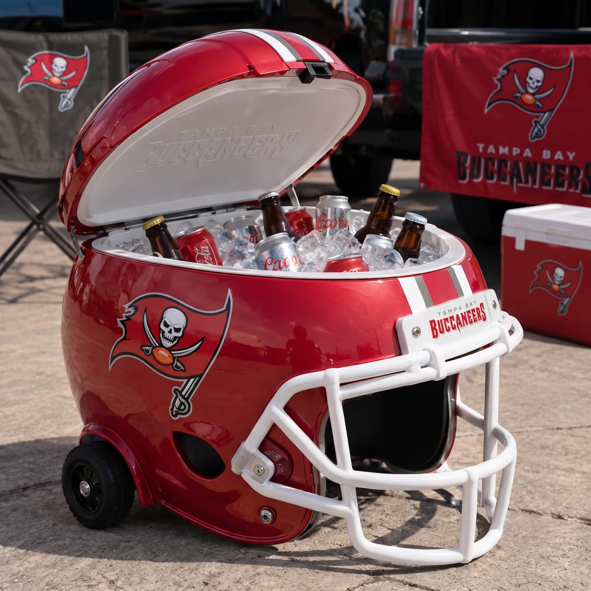 Tampa Bay Buccaneers helmet cooler — digitally visualized team colors on the original cooler reference.