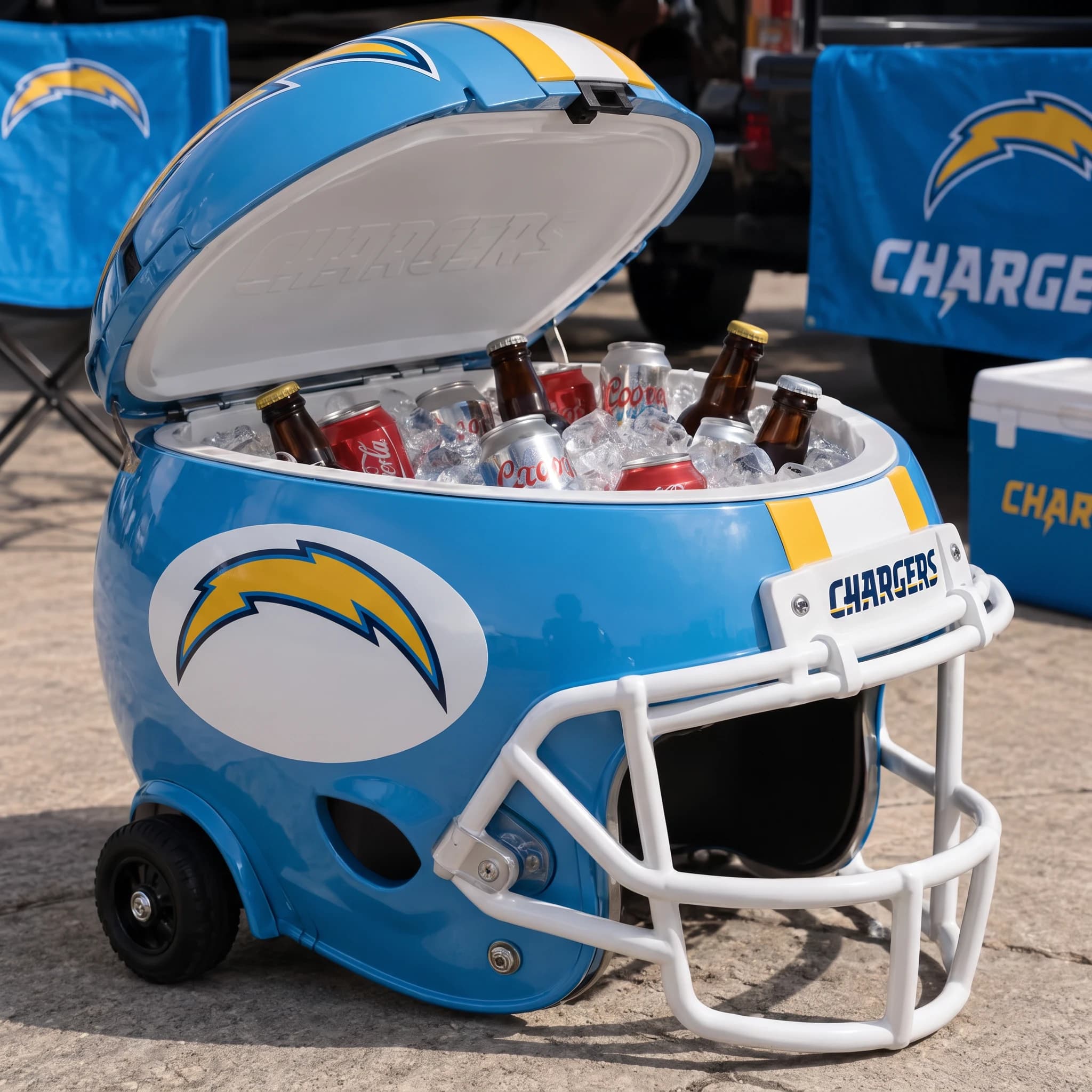 Los Angeles Chargers helmet cooler — digitally visualized team colors on the original cooler reference.