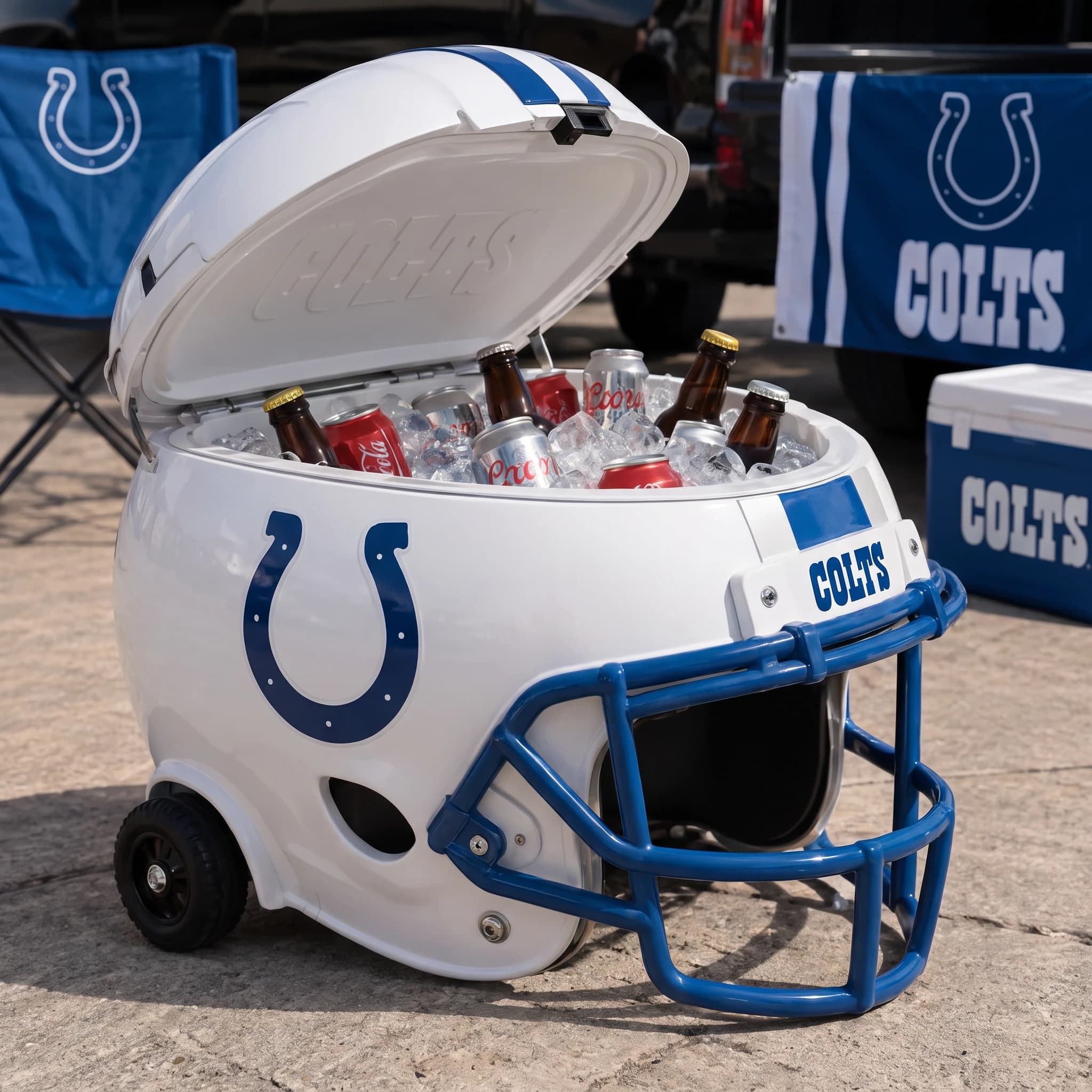 Indianapolis Colts helmet cooler — digitally visualized team colors on the original cooler reference.