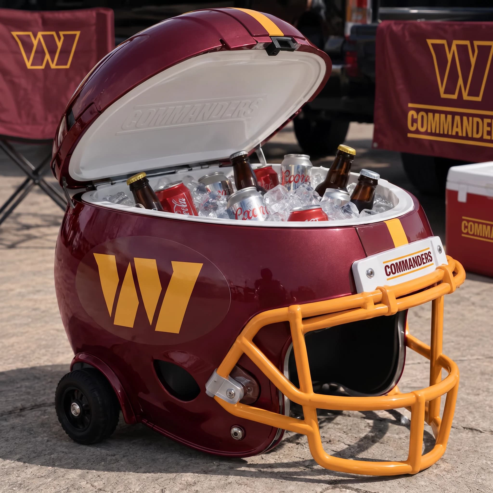 Washington Commanders helmet cooler — digitally visualized team colors on the original cooler reference.