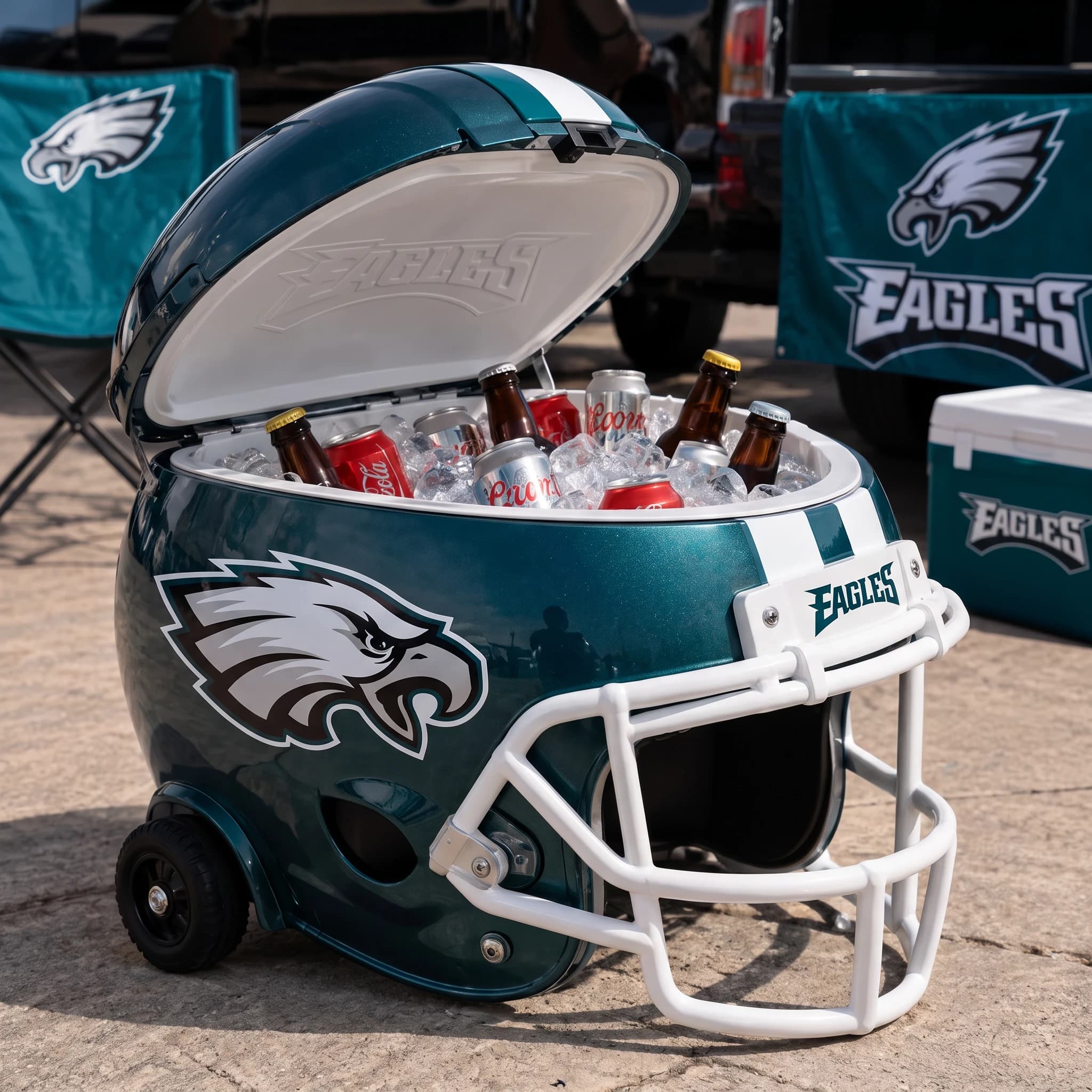 Philadelphia Eagles helmet cooler — digitally visualized team colors on the original cooler reference.