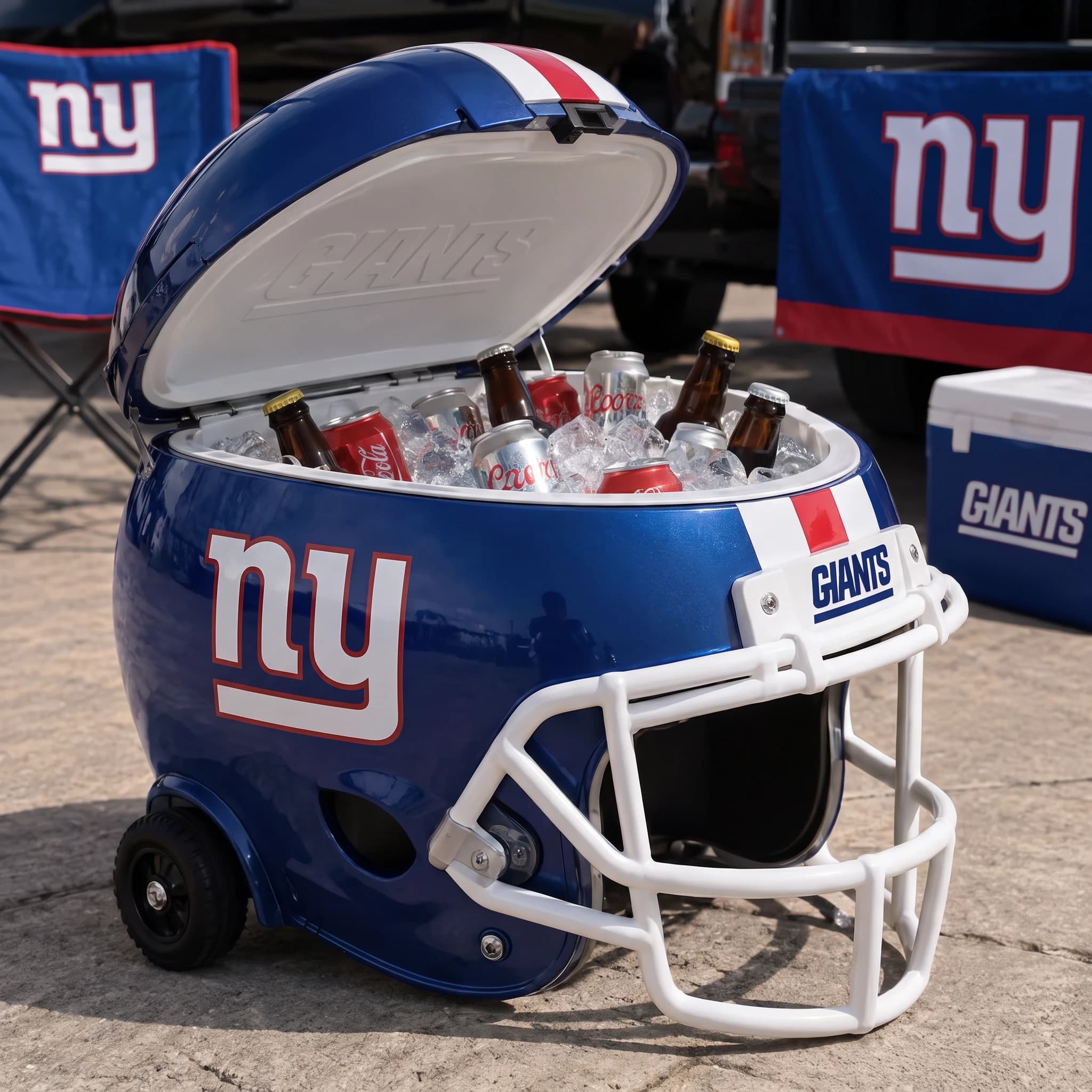 New York Giants helmet cooler — digitally visualized team colors on the original cooler reference.