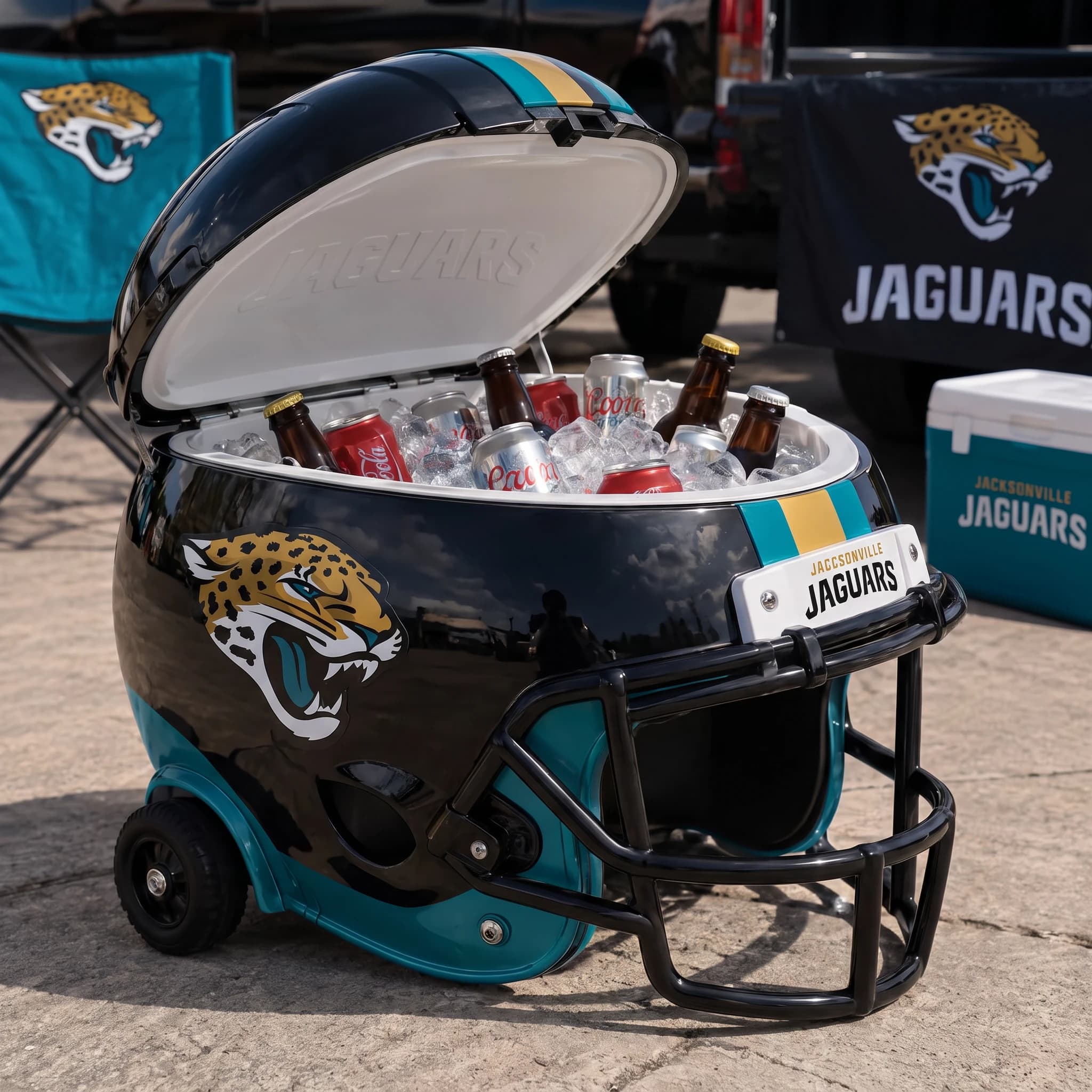 Jacksonville Jaguars helmet cooler — digitally visualized team colors on the original cooler reference.