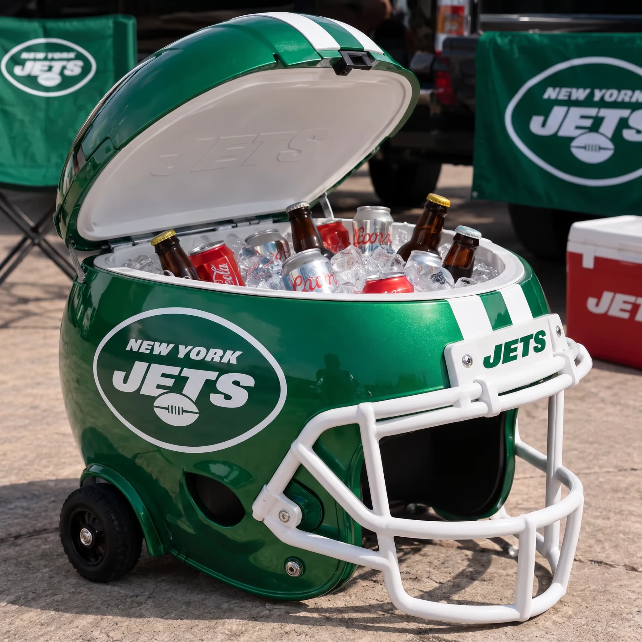 New York Jets helmet cooler — digitally visualized team colors on the original cooler reference.