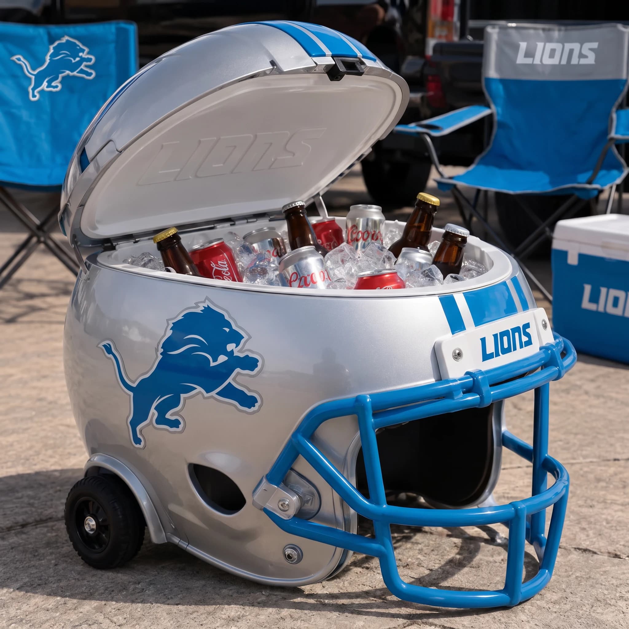 Detroit Lions helmet cooler — digitally visualized team colors on the original cooler reference.