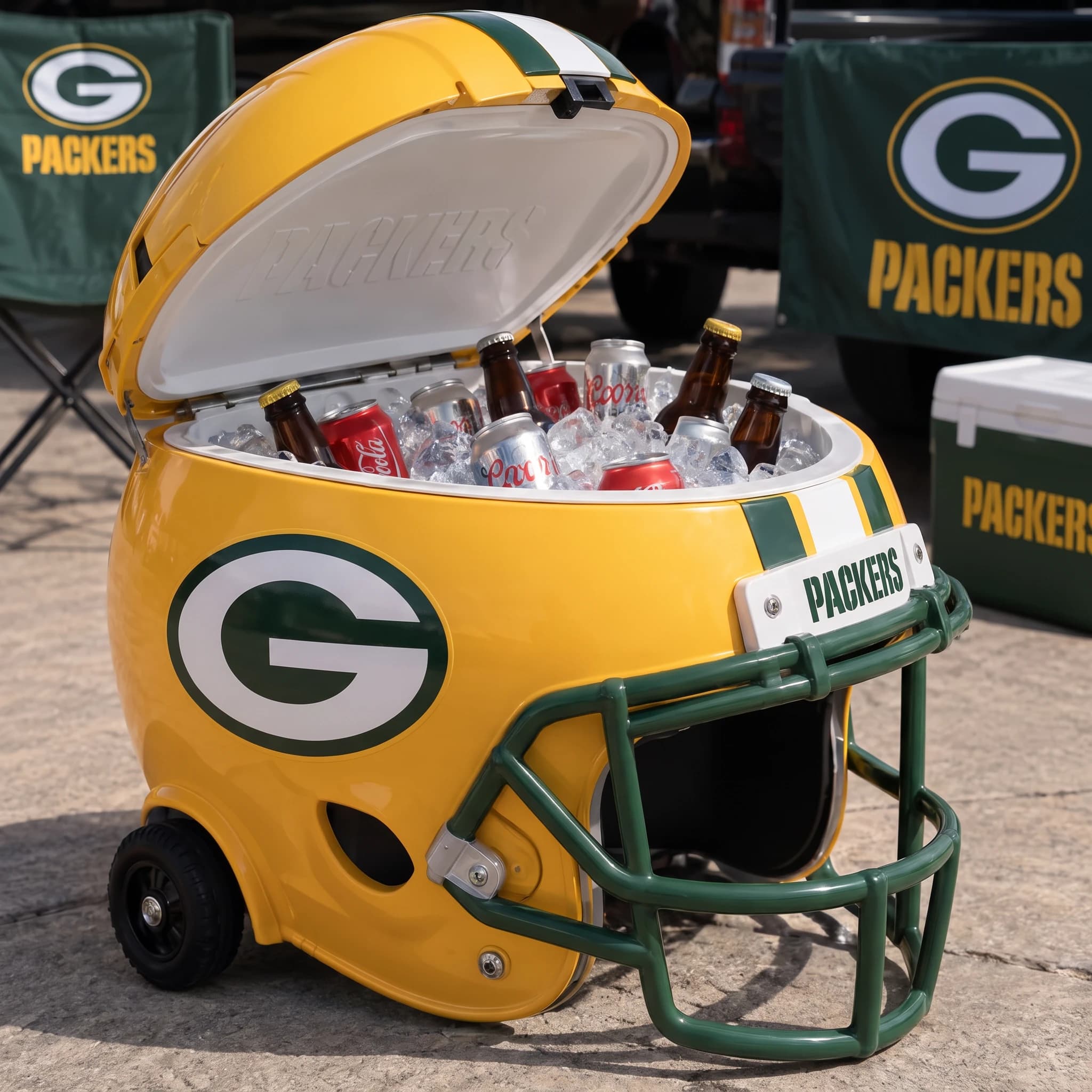 Green Bay Packers helmet cooler — digitally visualized team colors on the original cooler reference.