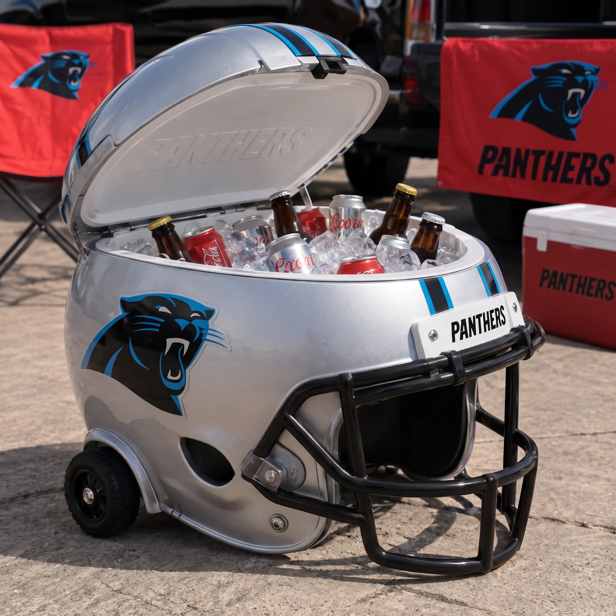 Carolina Panthers helmet cooler — digitally visualized team colors on the original cooler reference.