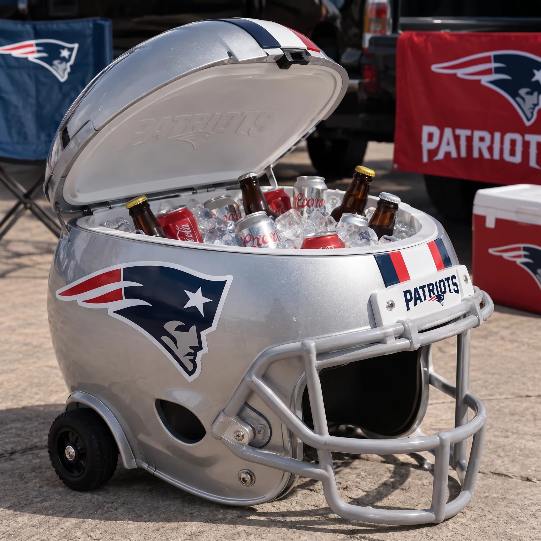 New England Patriots helmet cooler — digitally visualized team colors on the original cooler reference.