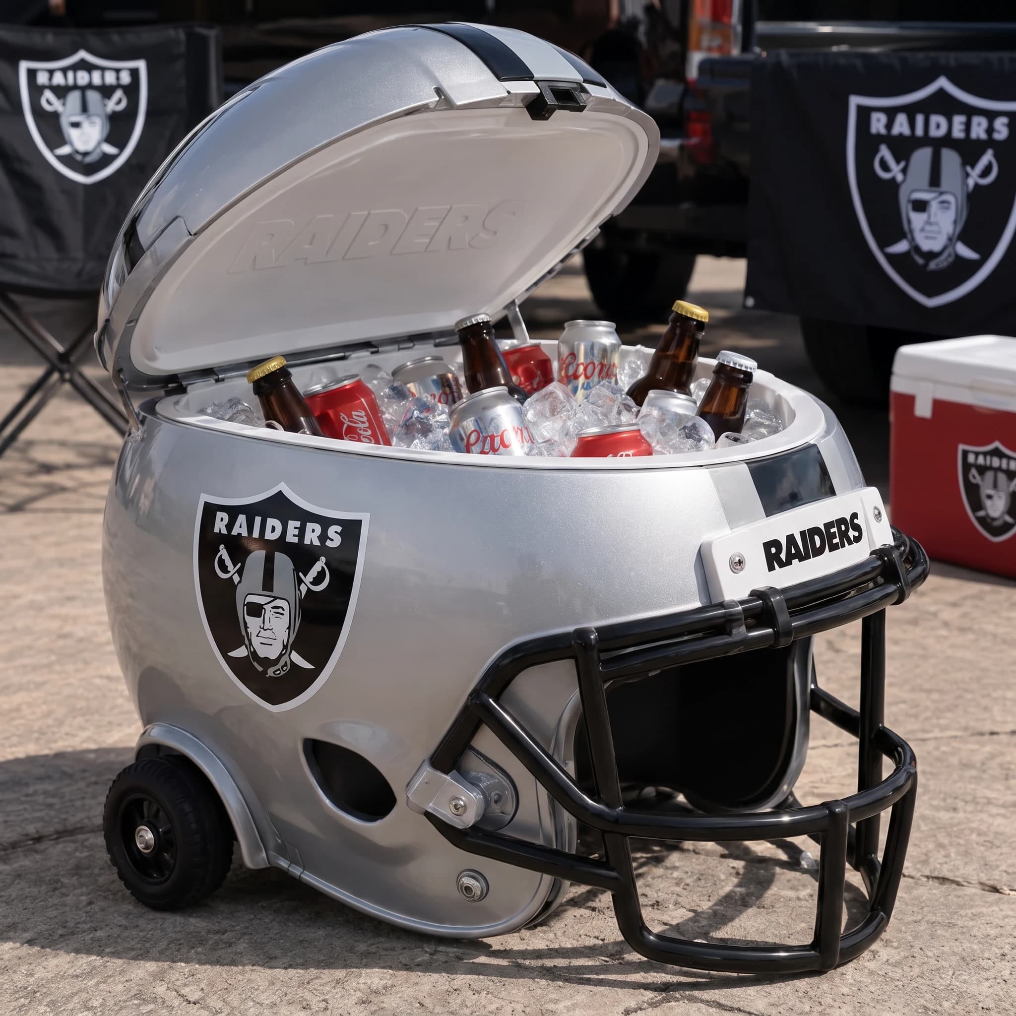 Las Vegas Raiders helmet cooler — digitally visualized team colors on the original cooler reference.