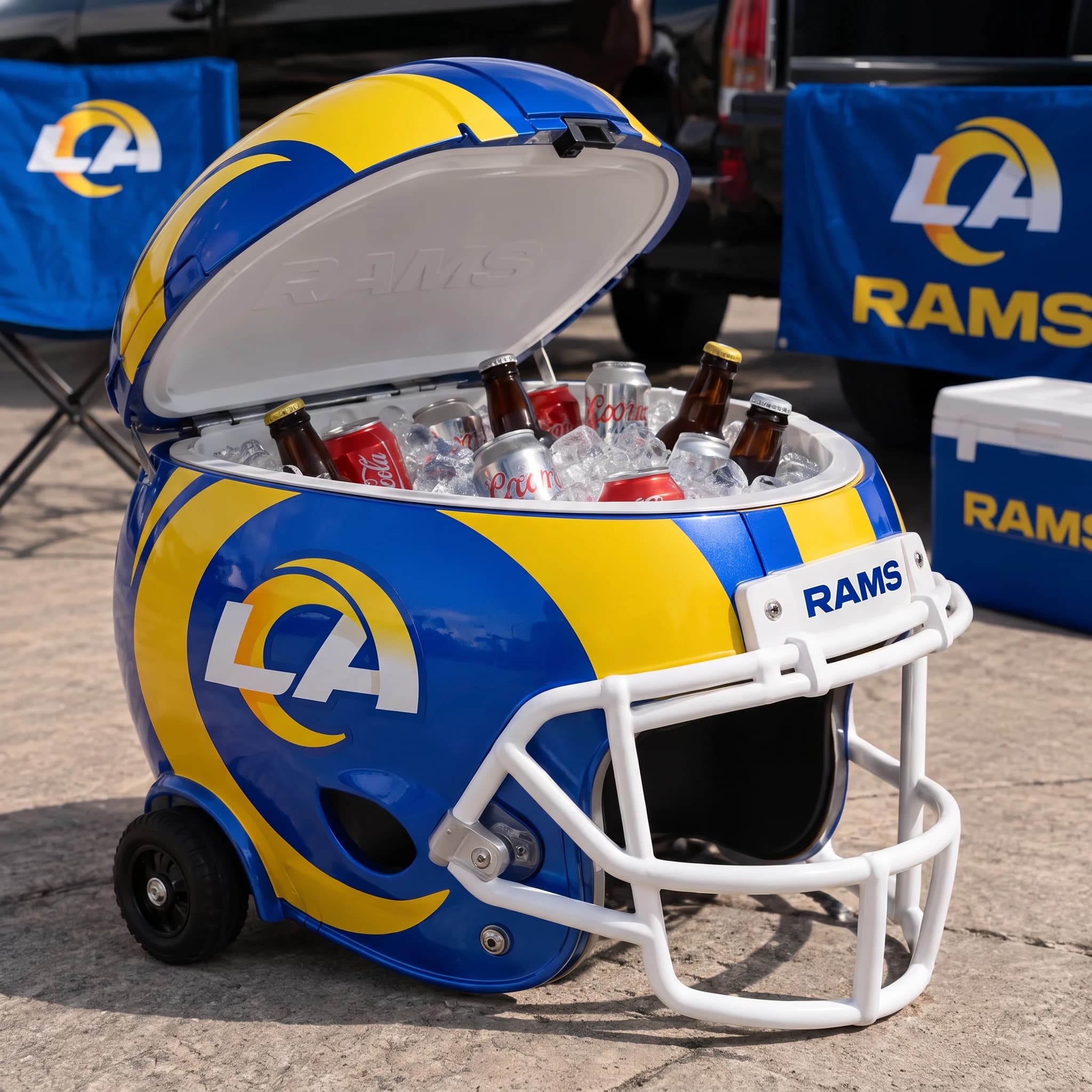 Los Angeles Rams helmet cooler — digitally visualized team colors on the original cooler reference.