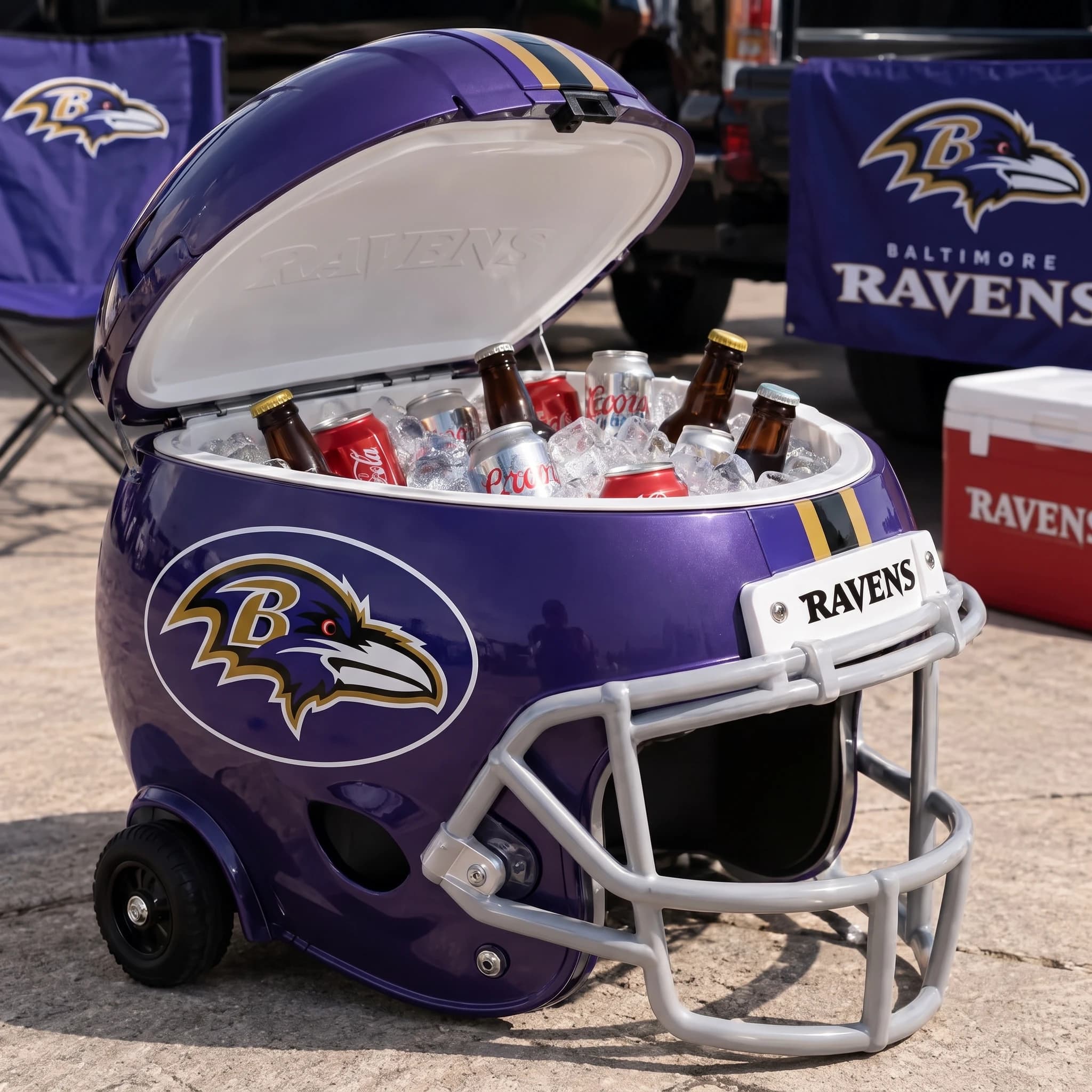 Baltimore Ravens helmet cooler — digitally visualized team colors on the original cooler reference.