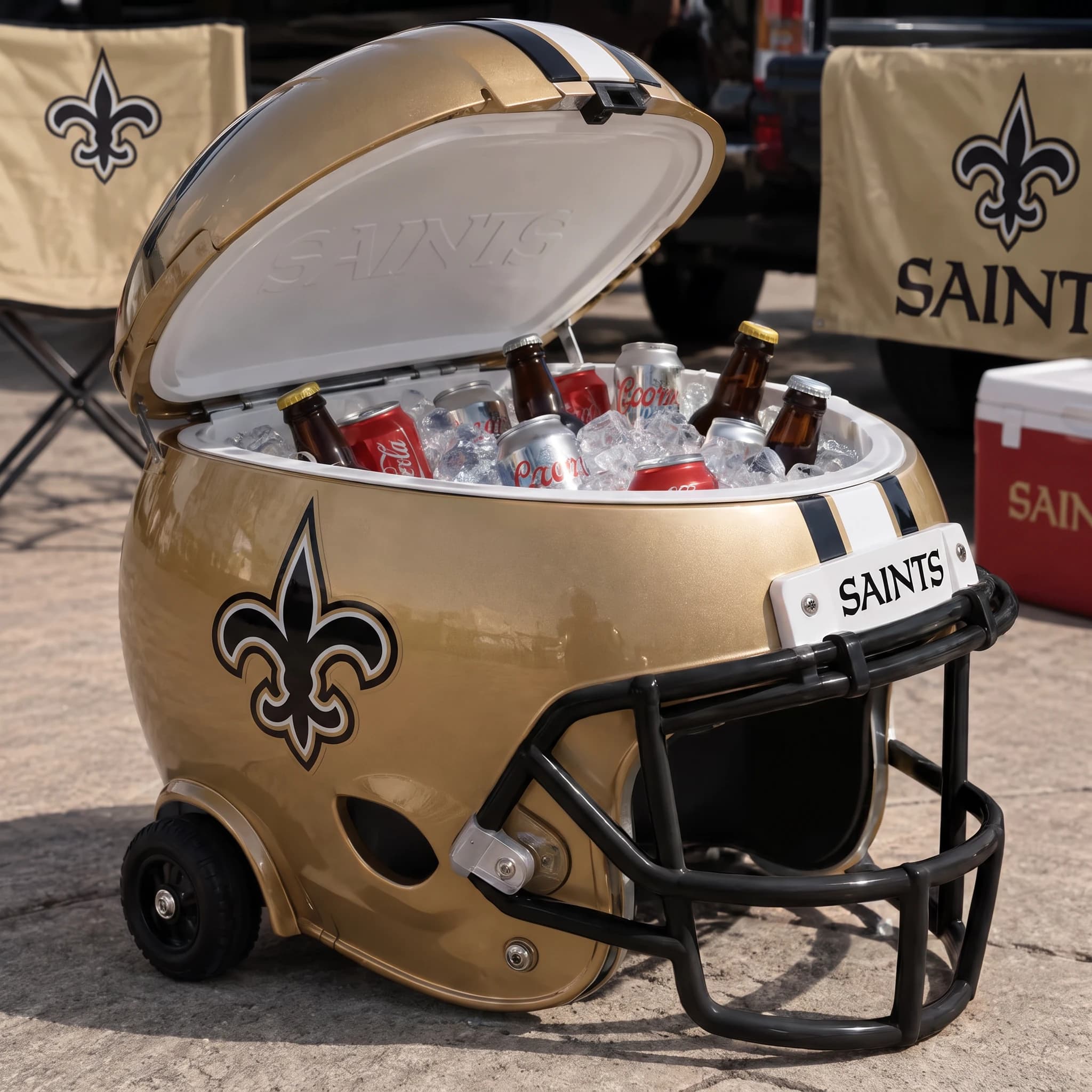 New Orleans Saints helmet cooler — digitally visualized team colors on the original cooler reference.