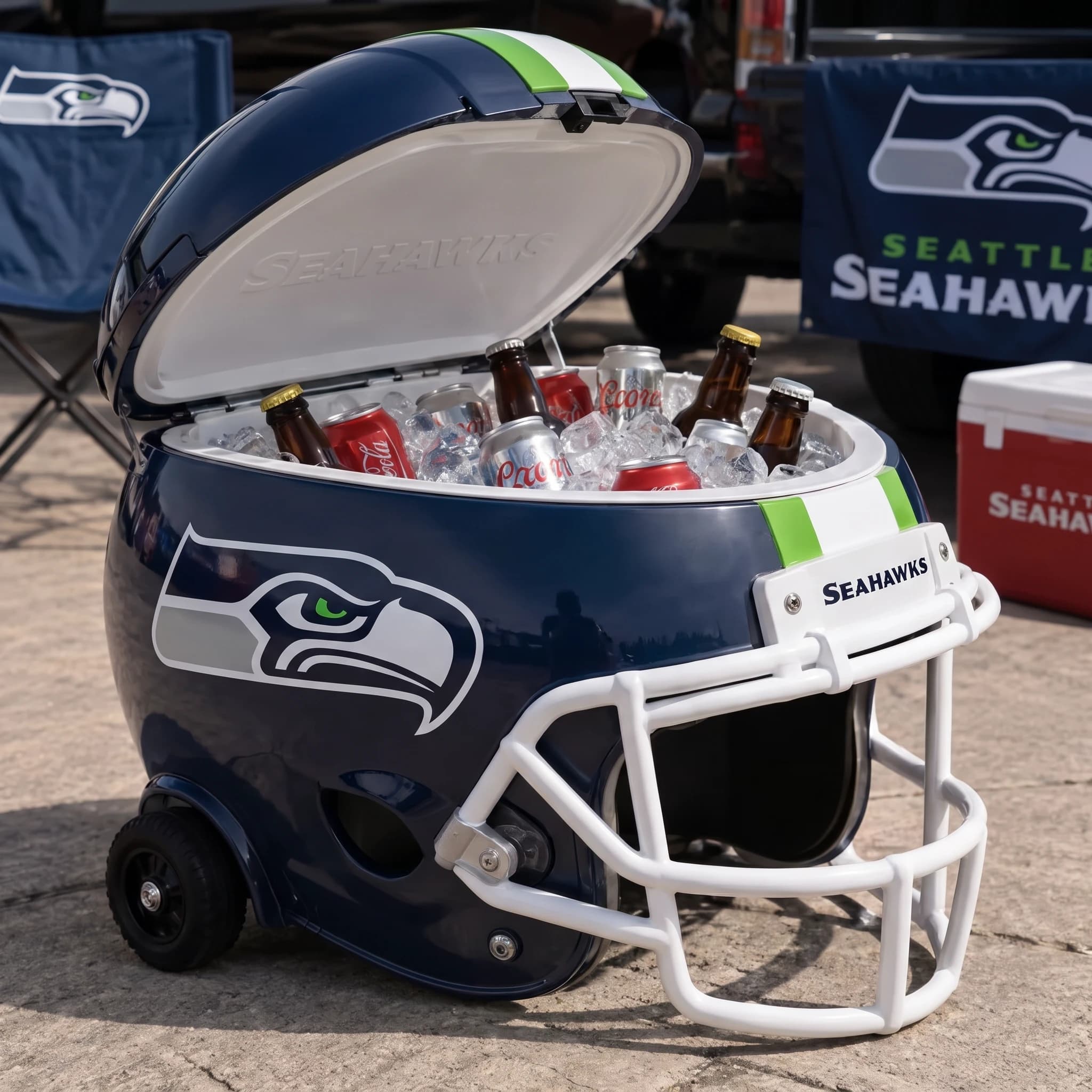 Seattle Seahawks helmet cooler — digitally visualized team colors on the original cooler reference.