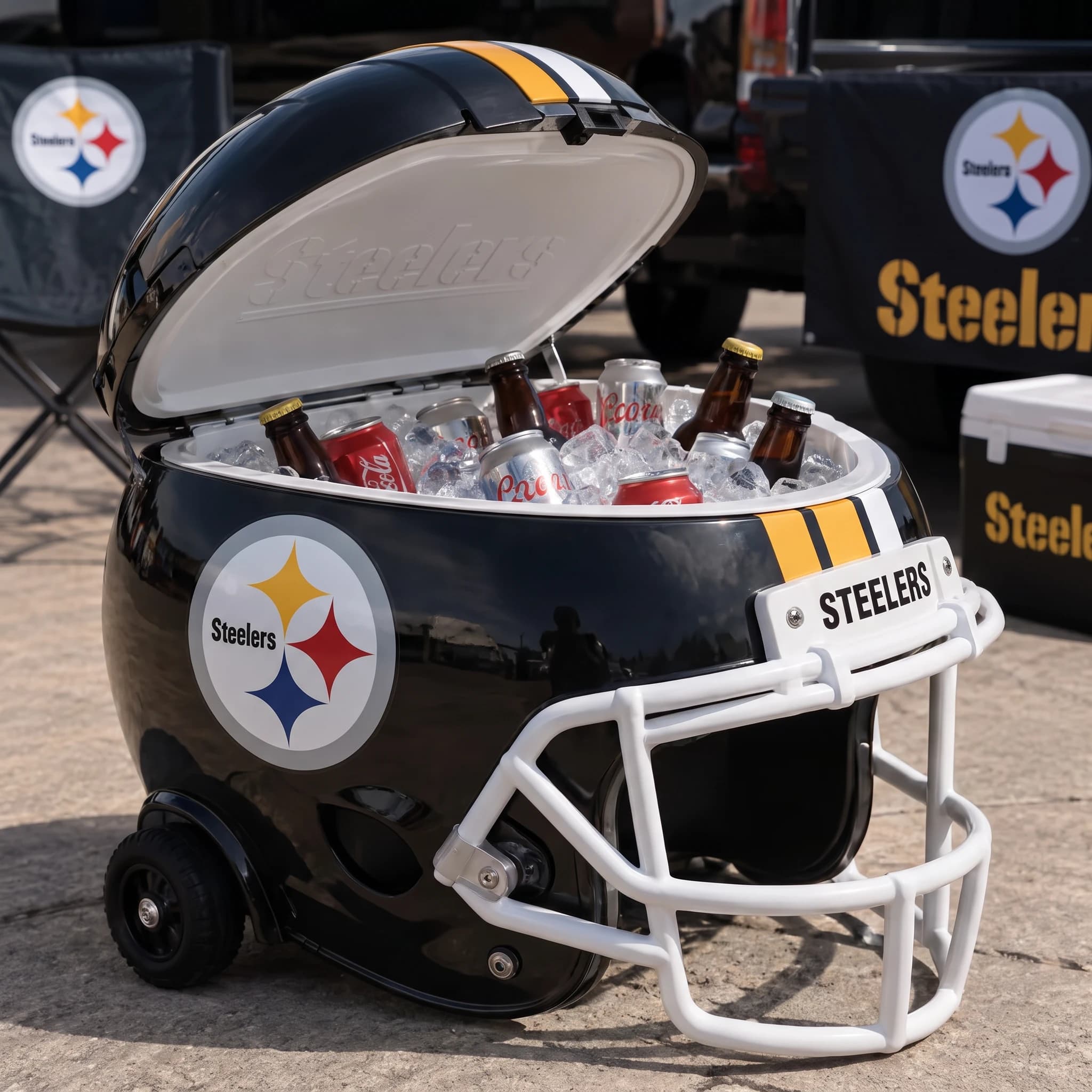 Pittsburgh Steelers helmet cooler — digitally visualized team colors on the original cooler reference.