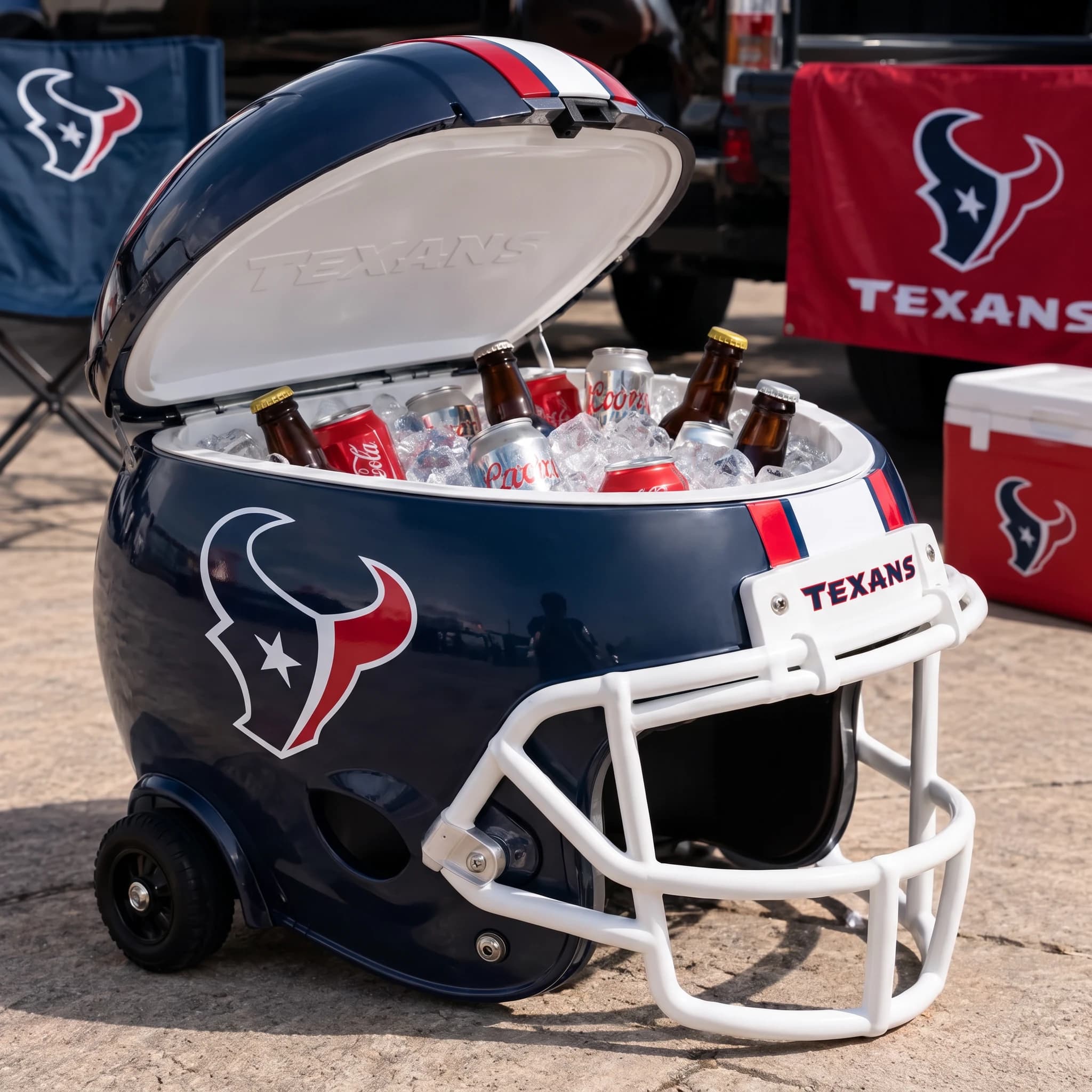Houston Texans helmet cooler — digitally visualized team colors on the original cooler reference.