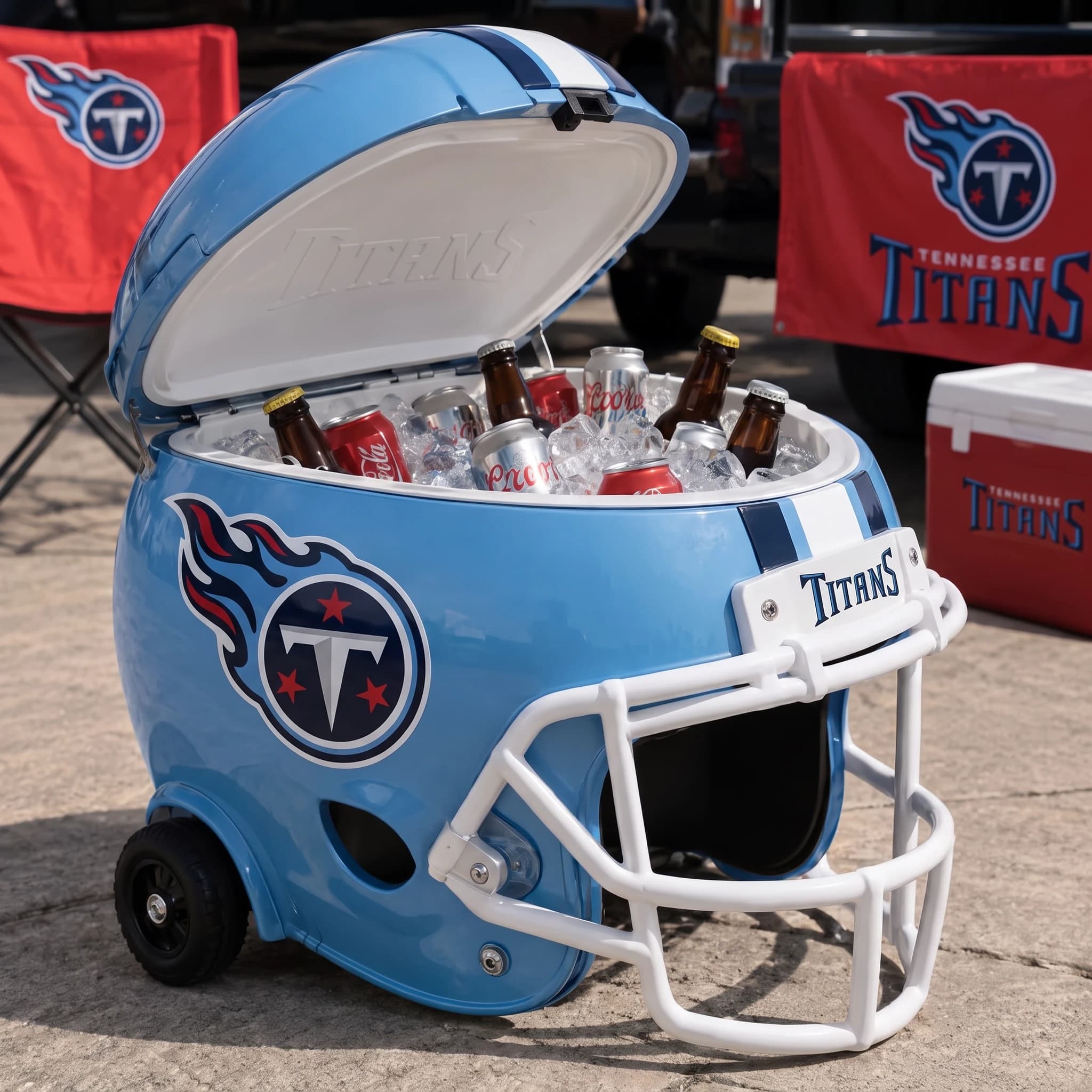 Tennessee Titans helmet cooler — digitally visualized team colors on the original cooler reference.