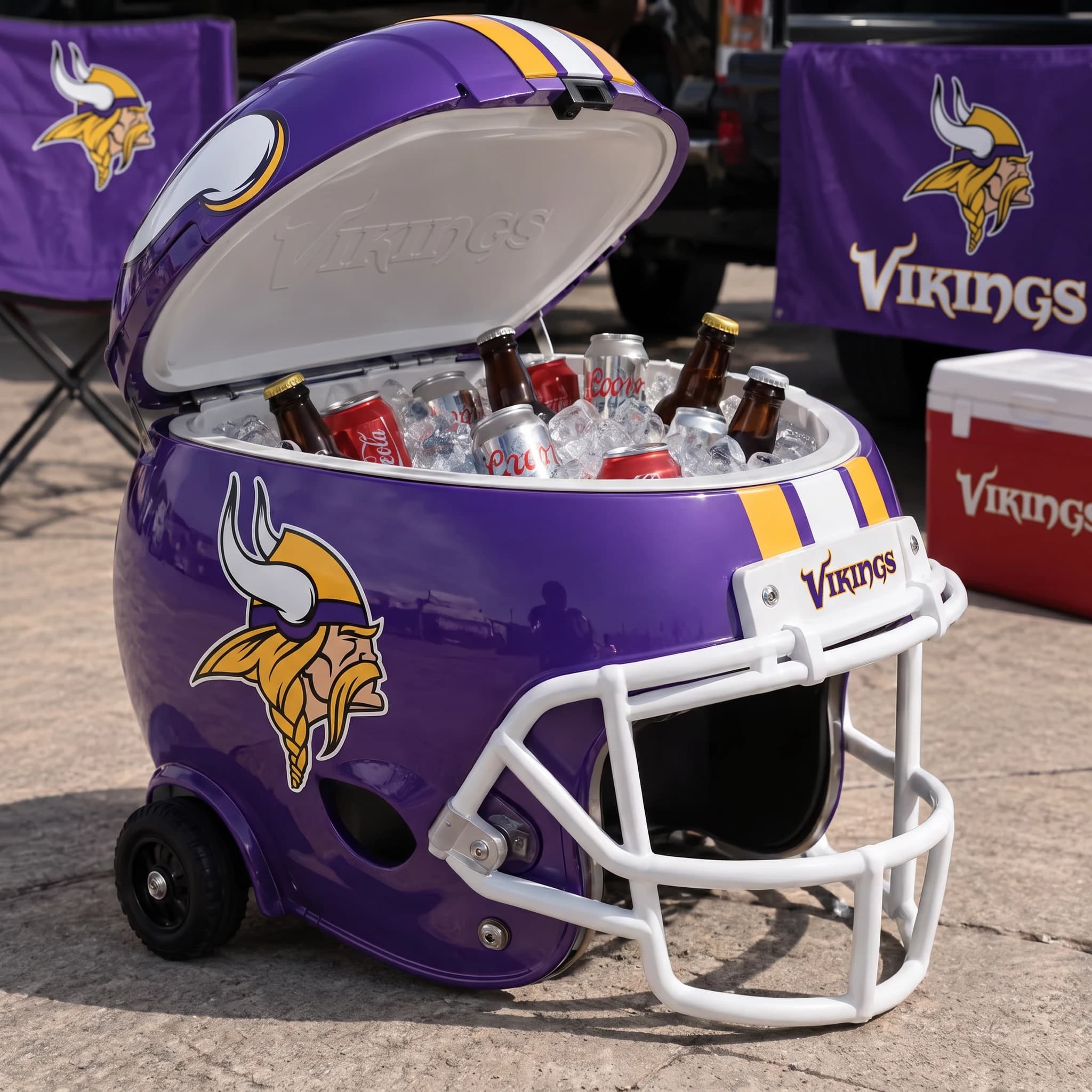 Minnesota Vikings helmet cooler — digitally visualized team colors on the original cooler reference.